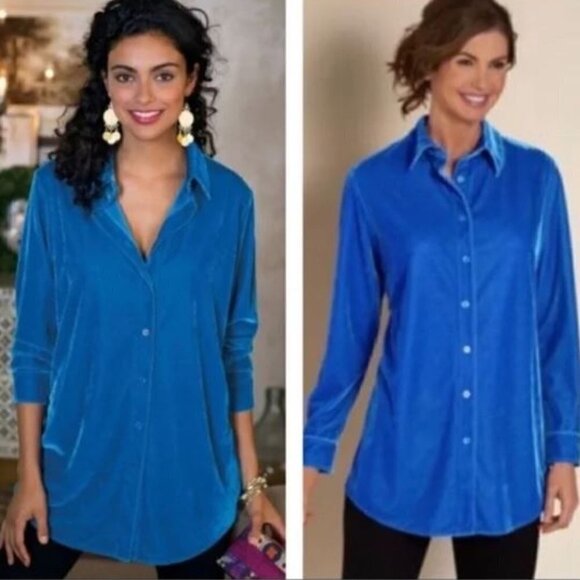 Soft Surroundings Blue Velvet Boyfriend Button Down Tunic Shirt - Picture 2 of 11